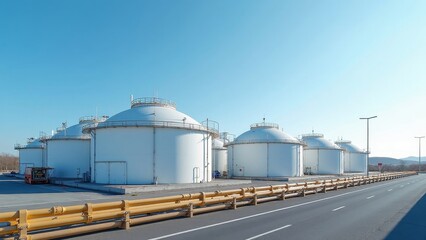 Obraz premium LNG storage facility featuring spherical tanks surrounded by safety barriers under a clear blue sky