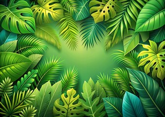 Naklejka premium Fresh Green Leaf Ecology Earth Day Banner Background with Tropical Plants, Monstera, and Palm Trees, Perfect for Nature Themes and Environmental Awareness Campaigns