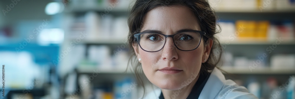 Poster a focused professional in a lab setting, conveying determination and expertise.