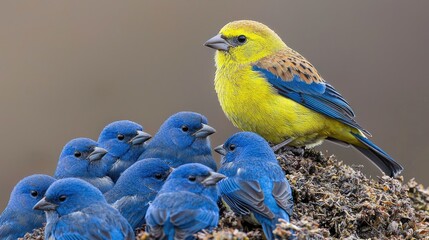 Fototapeta premium Colorful birds in nature vibrant wildlife gathering outdoor habitat close-up view avian diversity