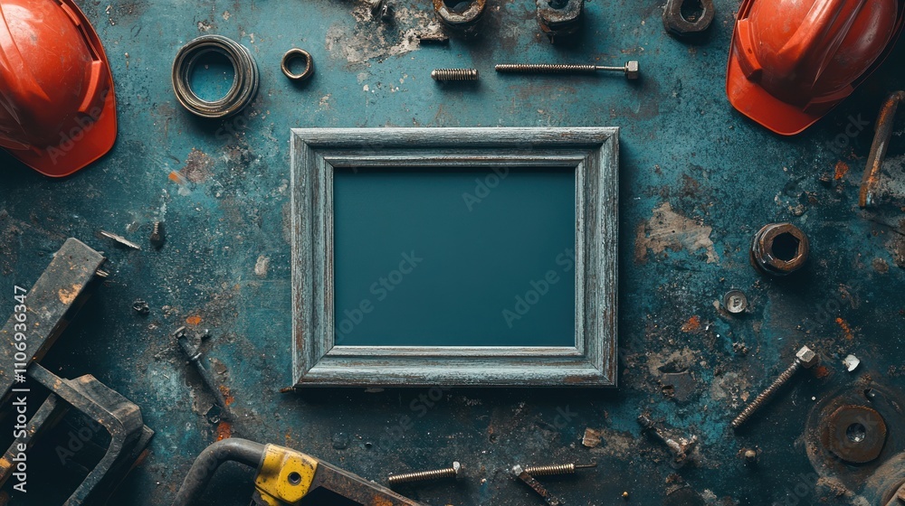 Poster A rustic workspace with tools and a blank frame for creative display.