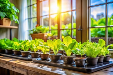 Fresh Lettuce Seedlings Thriving Indoors Under Soft Natural Light with Cozy Urban Decor Surroundings for Indoor Gardening Enthusiasts