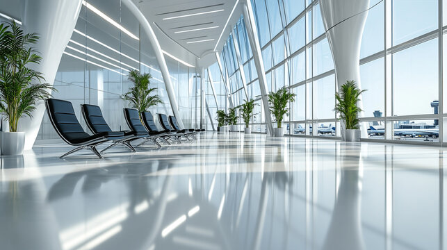 Modern airport terminal with sleek seating and large windows overlooking aircraft