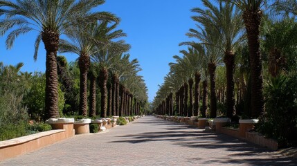 Obraz premium A Stone Path Lined with Palm Trees Leads Through a Lush Garden