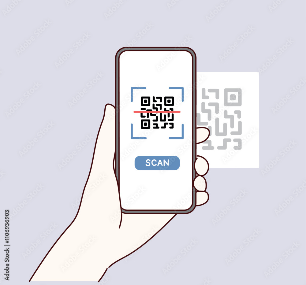 Fototapete holding smarphone scanning qr code vector. smartphone in hand. hand drawn style vector design illust