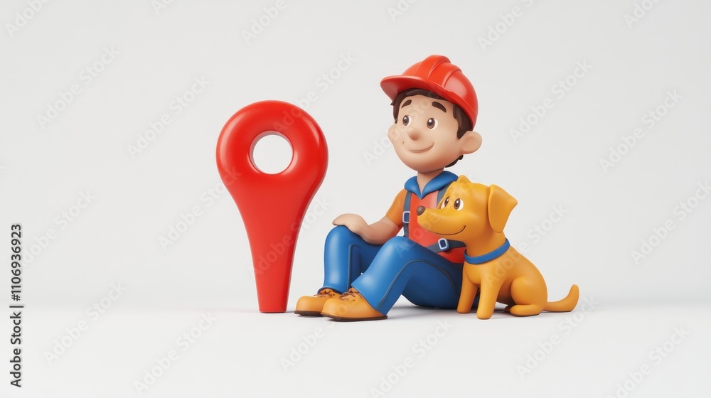 Poster a cartoon character sits with a dog next to a red location pin, symbolizing guidance or navigation.
