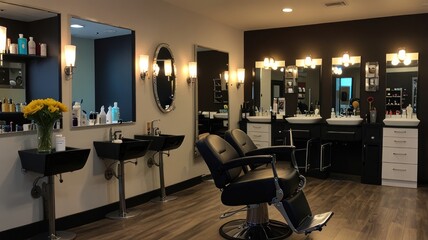 Modern barbershop interior with stylish stations, sinks, and barber chairs.