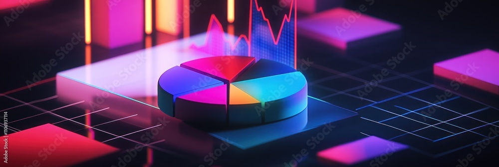 Aufkleber A vibrant 3D pie chart with dynamic graphs, representing data visualization and analysis.