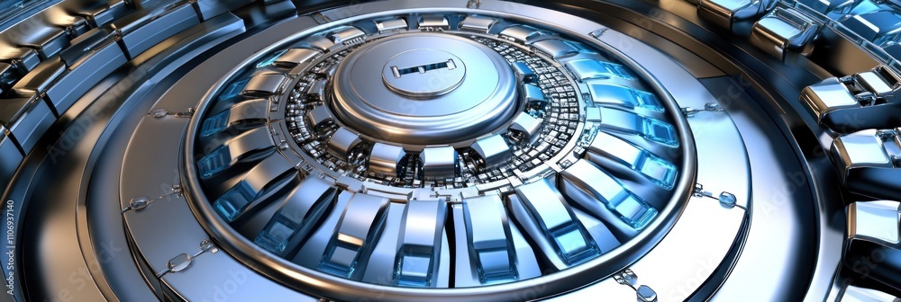 Fototapete a close-up view of a futuristic metallic circular mechanism with intricate details.
