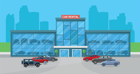 Car rental building with cars. Car showroom, dealership center. Car rental concept.