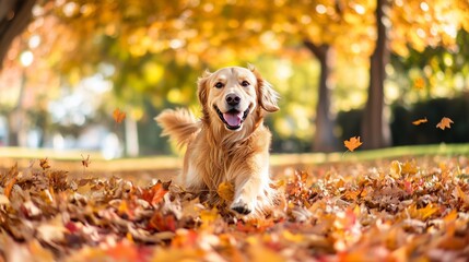 A joyful Golden Retriever leaps into colorful autumn leaves, embodying a perfect fall day.