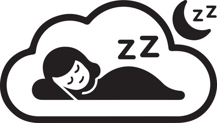 A minimalist flat icon in black and white representing sleeping on clouds, a girl sleeping sign