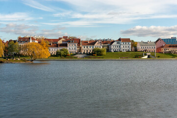 View of the Troitskoye suburb and the Svisloch River in Minsk, Belarus.
