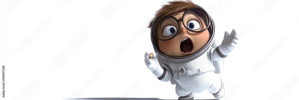Poster a surprised child in a space suit, expressing wonder in a whimsical setting.