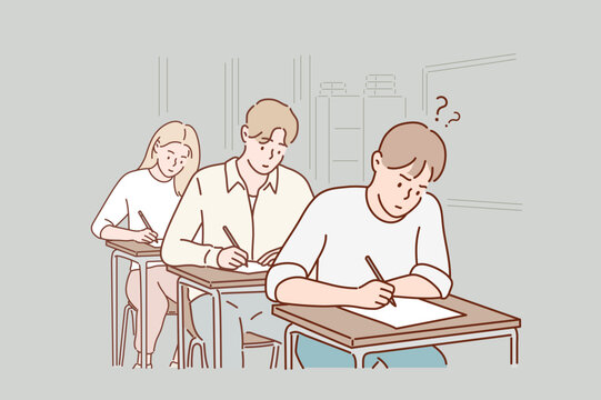 Students taking an exam with a sense of anxiety. Hand drawn style vector design illustrations.