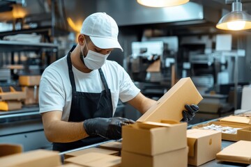 Worker Preparing Takeout Packaging in a Modern Restaurant Kitchen, Wearing Mask and Gloves, Focused on Food Safety and Hygiene Practices