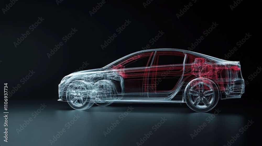 Aufkleber Futuristic Transparent Car Design Rendered in 3D with Wireframe Composition Highlighting Internal Mechanics and Structural Features in a Dark Background