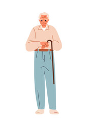 Elderly man standing with walking cane in hands. Old senior aged person, wrinkled older male character, sad and thoughtful, holding stick. Flat vector illustration isolated on white background