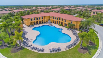 Aerial View of a Resort Complex with a Pool and Lush Landscaping