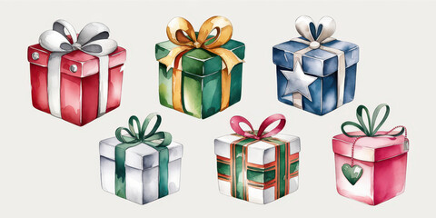 Set of colorful gift boxes with ribbons and bows for Christmas, birthdays, and celebrations, including red, green, and gold packages, perfect for holidays and special occasions