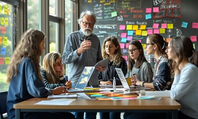 A group of young students are gathered around a table listening intently to their professor as he points at a laptop screen and explains something.