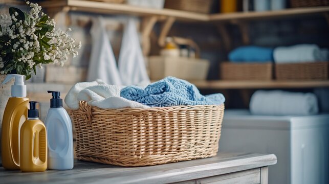 A cozy laundry space with a basket of clean clothes and supplies.