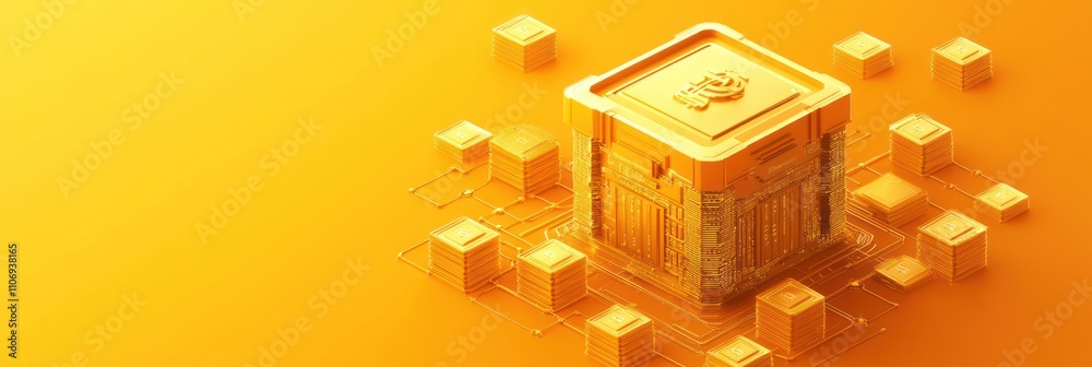 Poster a stylized golden box surrounded by smaller cubes on an orange background.