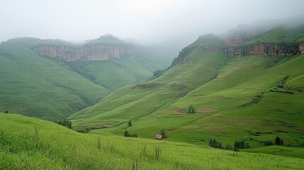 Obraz premium Misty Mountain Valley with Green Vegetation and Scattered Homes
