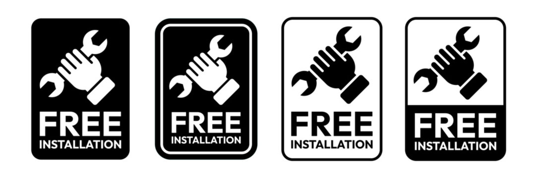 Free installation with hand and spanner icon set. Install, upgrade, fix, repair service icons. Free installation logo, label, badge, symbol, emblem, stamp, black, line, vector isolated illustration.