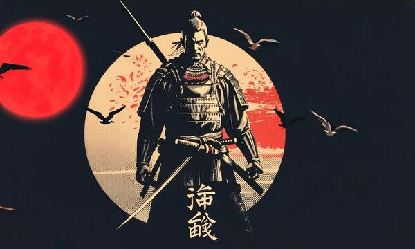 A samurai warrior in full armor stands against a red sun and a  black background. He holds a sword and a katana in his hands. He is wearing a traditional Japanese helmet and armor.