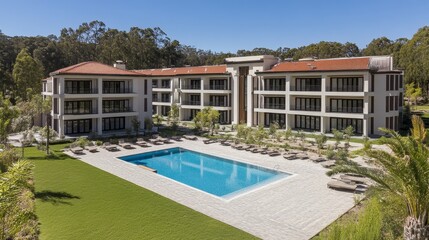 Fototapeta premium Modern Luxury Resort with Swimming Pool and Lush Greenery