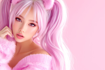 Naklejka premium A girl with pink hair and pink clothing poses for a picture. The pink color scheme gives the image a playful and fun mood