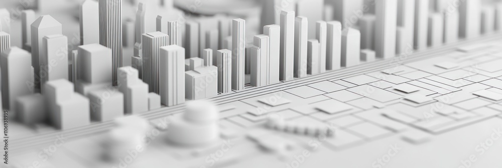 Poster a detailed white architectural model showcasing urban structures and layouts.