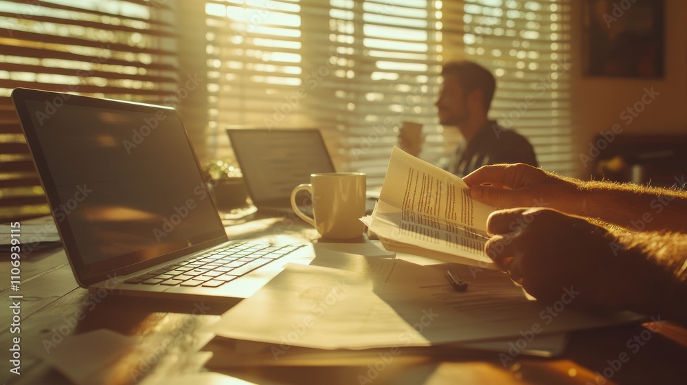 Poster A person reviews documents while enjoying a warm beverage in a sunlit workspace.