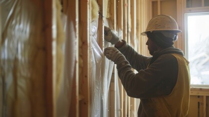 A worker installs a layer of vapor barrier onto the interior walls of a building preventing moisture from damaging the insulation and creating mold.