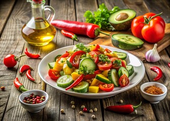 Fresh Vegetable Salad with Tomatoes, Cucumbers, Sweet Peppers, and Chili in a Deep White Plate with Seasoning, Olive Oil, and Garlic on a Wooden Table Background