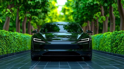 Naklejka premium Sleek Electric Vehicle in Lush Green Environment