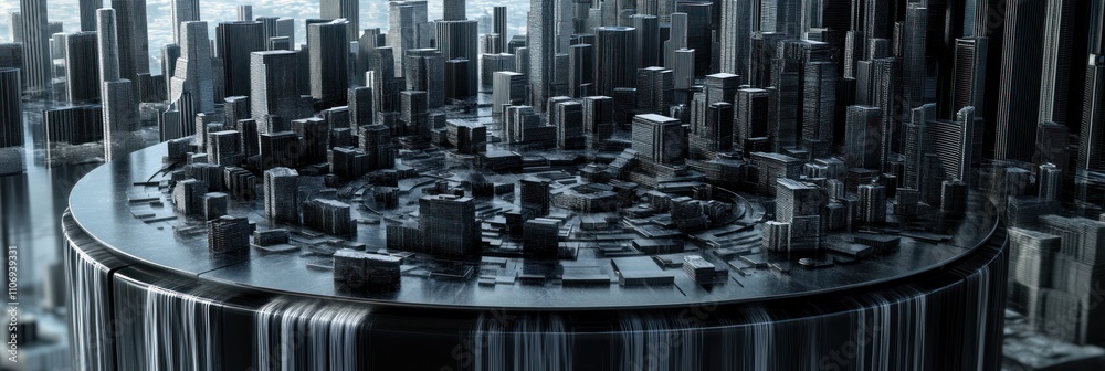 Fototapete a futuristic cityscape with layered structures and a circular design.