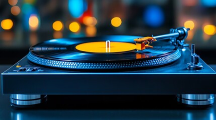 Spinning Vinyl Record on Turntable with Blurred Background