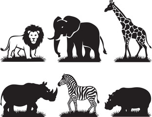 A set of animal silhouettes, Silhouette style illustration of a set of animal vectors. There's a lion, an elephant, a giraffe, a zebra, a rhinoceros and a hippopotamus