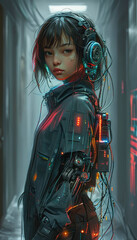 Naklejka premium Little girl with headphones standing in a dimly lit hallway, clothing items and gadgets illuminated with neon lights, cybernetic concept.