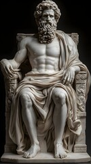 Naklejka premium Zeus sits on a stone throne in an ultra-realistic style his imposing figure detailed with a flowing beard