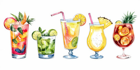 Watercolor Summer Cocktails: A vibrant watercolor illustration of five refreshing summer cocktails, perfect for menus, social media, or any project needing a touch of tropical vibes. 