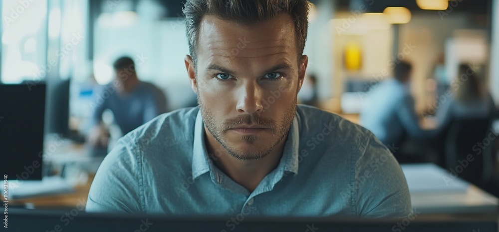 Aufkleber a focused man working at a computer in a busy office environment.