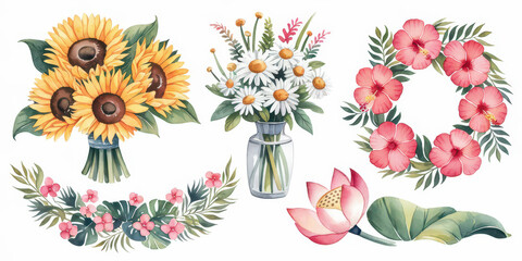 Watercolor Floral Collection: Sunflowers, Daisies, Hibiscus, and Lotus in Elegant Arrangements 