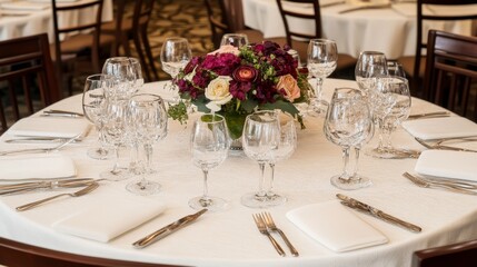 A Formal Dinner Table Setting with Floral Centerpiece