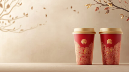 Minimalistic Lunar New Year-themed coffee cups in red and gold, set against a muted background with faint traditional Chinese patterns.