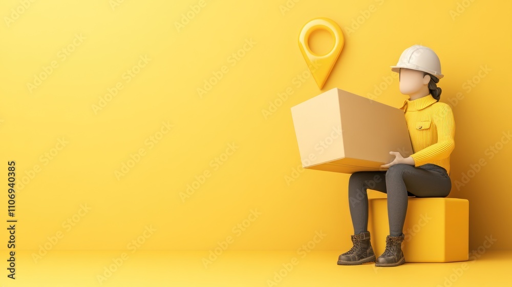 Poster A 3D character in a hard hat holds a box, set against a yellow background with a location pin.