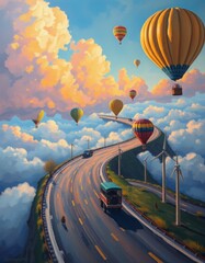 illustration of a flying balloon scene with a fantasy world background, ai generated