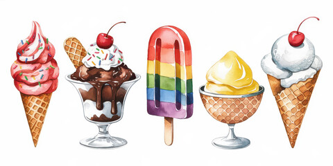 Ice Cream Dreams: A watercolor collection of colorful ice cream treats, including cones, sundaes, and popsicles, capturing the sweet essence of summer.